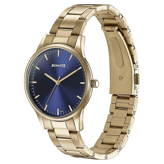 Sonata Blue Dial Gold Stainless Steel Strap Analog Watch for Men