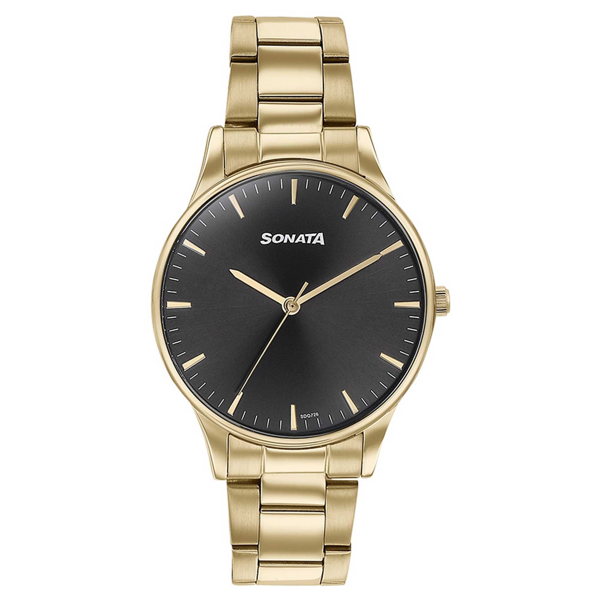 Sonata Black Dial Gold Stainless Steel Strap Analog Watch for Men