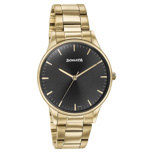 Sonata Black Dial Gold Stainless Steel Strap Analog Watch for Men