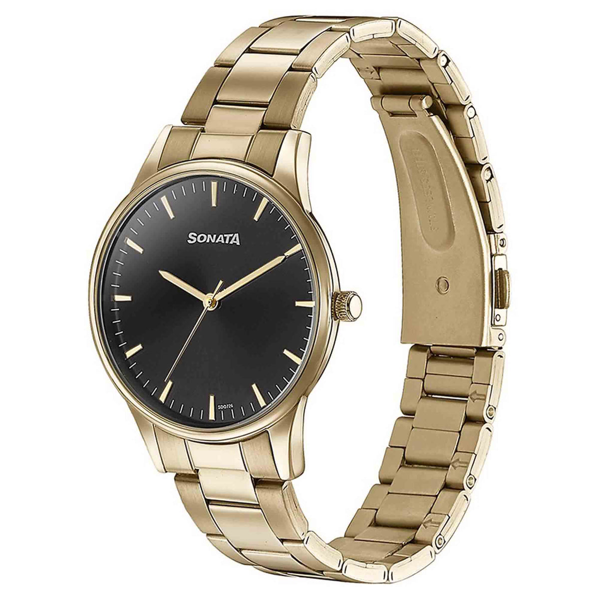 Sonata Black Dial Gold Stainless Steel Strap Analog Watch for Men