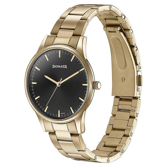 Sonata Black Dial Gold Stainless Steel Strap Analog Watch for Men