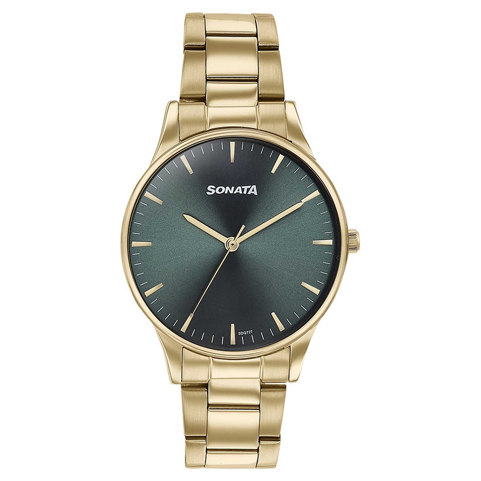 Sonata Green Dial Gold Stainless Steel Strap Analog Watch for Men