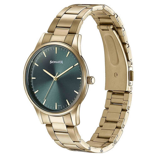 Sonata Green Dial Gold Stainless Steel Strap Analog Watch for Men