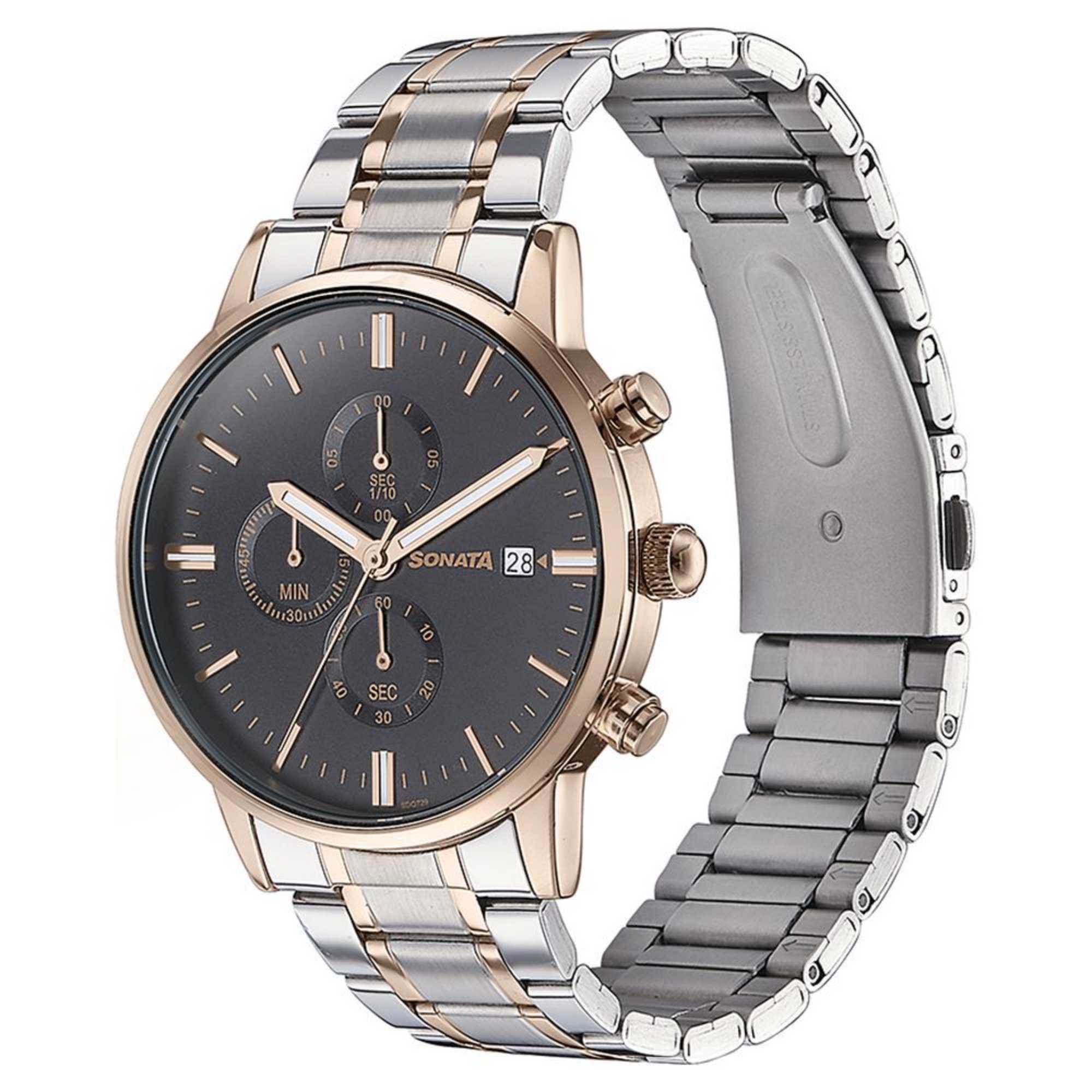 Sota Quartz Multifunction Black Dial Two Toned Stainless Steel Strap Watch For Men (77145KM01)
