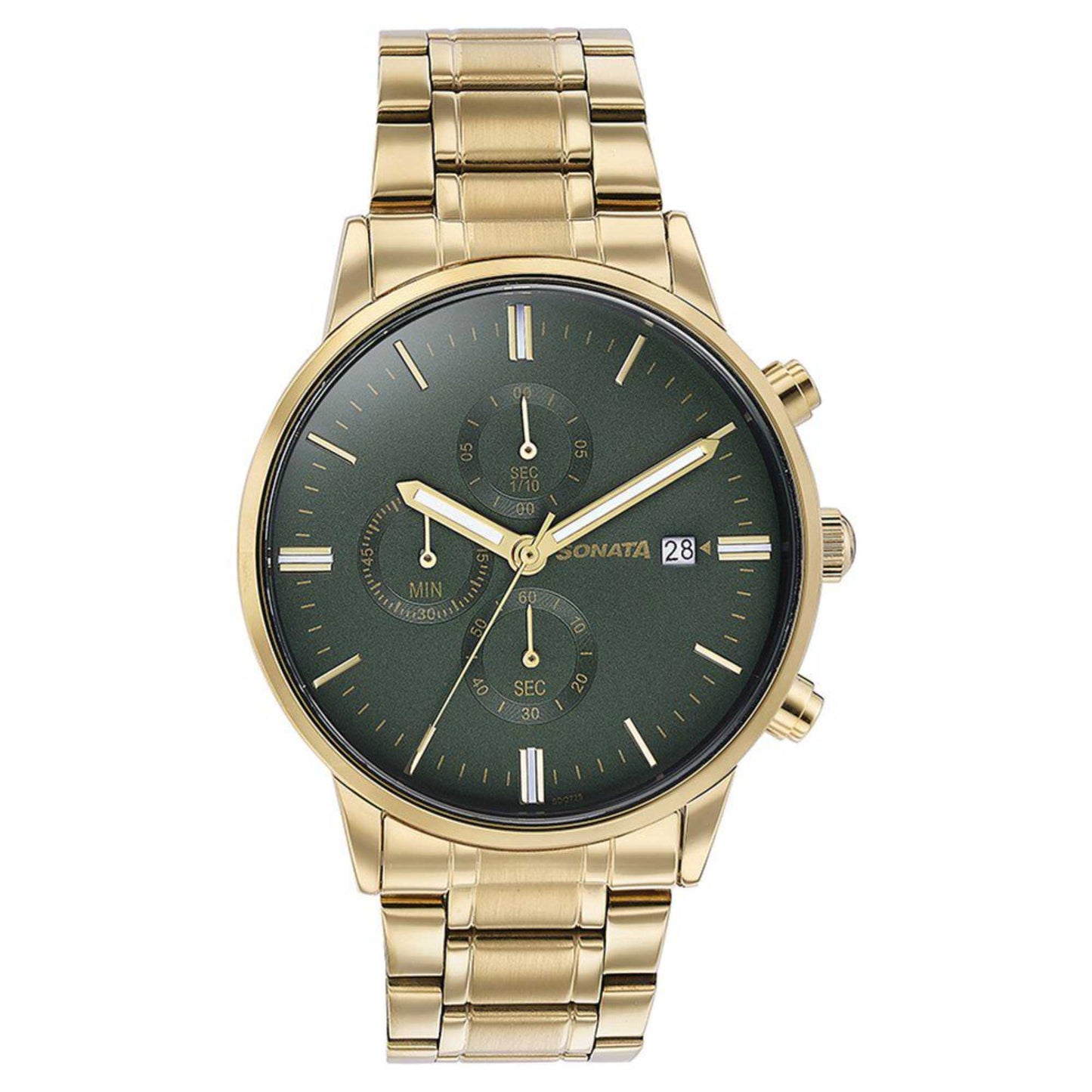 Sota Quartz Multifunction Green Dial Golden Stainless Steel Strap Watch For Men (77145YM01)