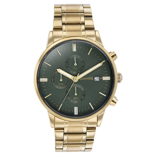 Sota Quartz Multifunction Green Dial Golden Stainless Steel Strap Watch For Men (77145YM01)