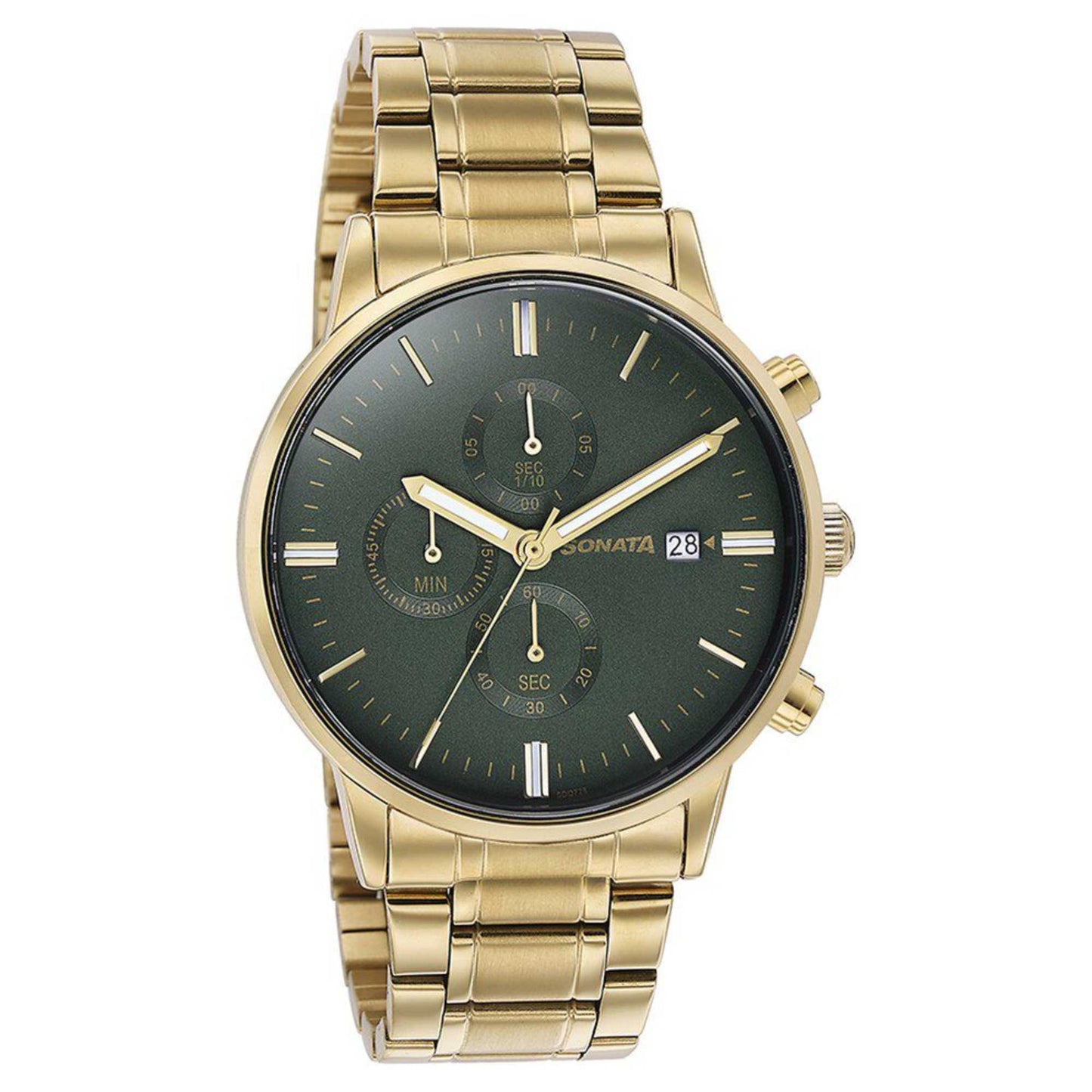 Sota Quartz Multifunction Green Dial Golden Stainless Steel Strap Watch For Men (77145YM01)