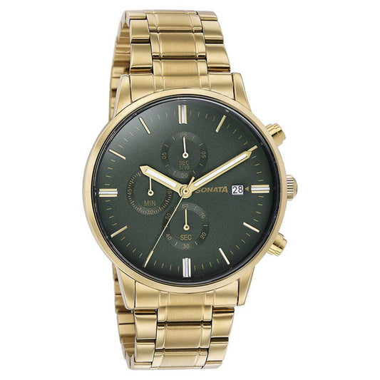 Sota Quartz Multifunction Green Dial Golden Stainless Steel Strap Watch For Men (77145YM01)
