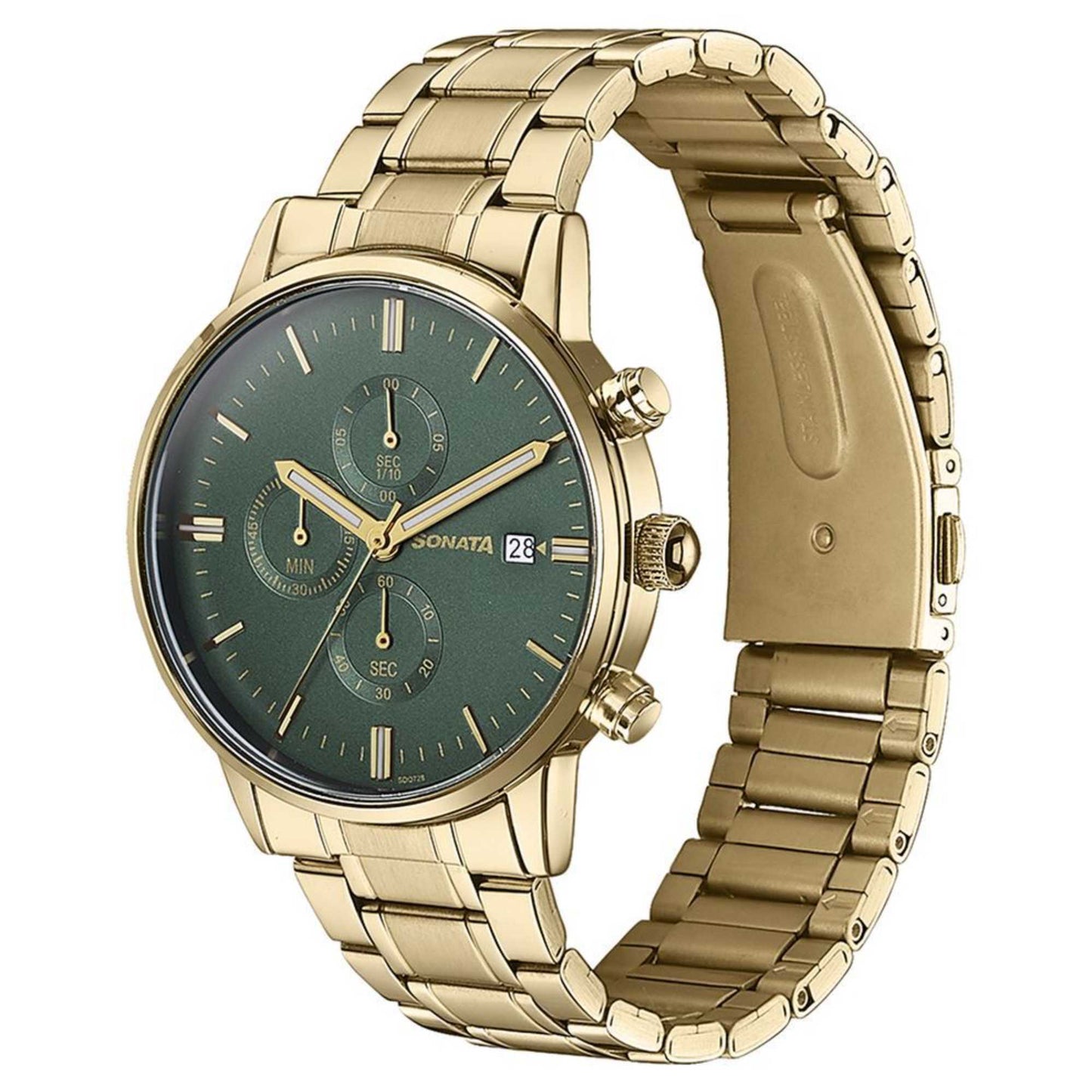 Sota Quartz Multifunction Green Dial Golden Stainless Steel Strap Watch For Men (77145YM01)