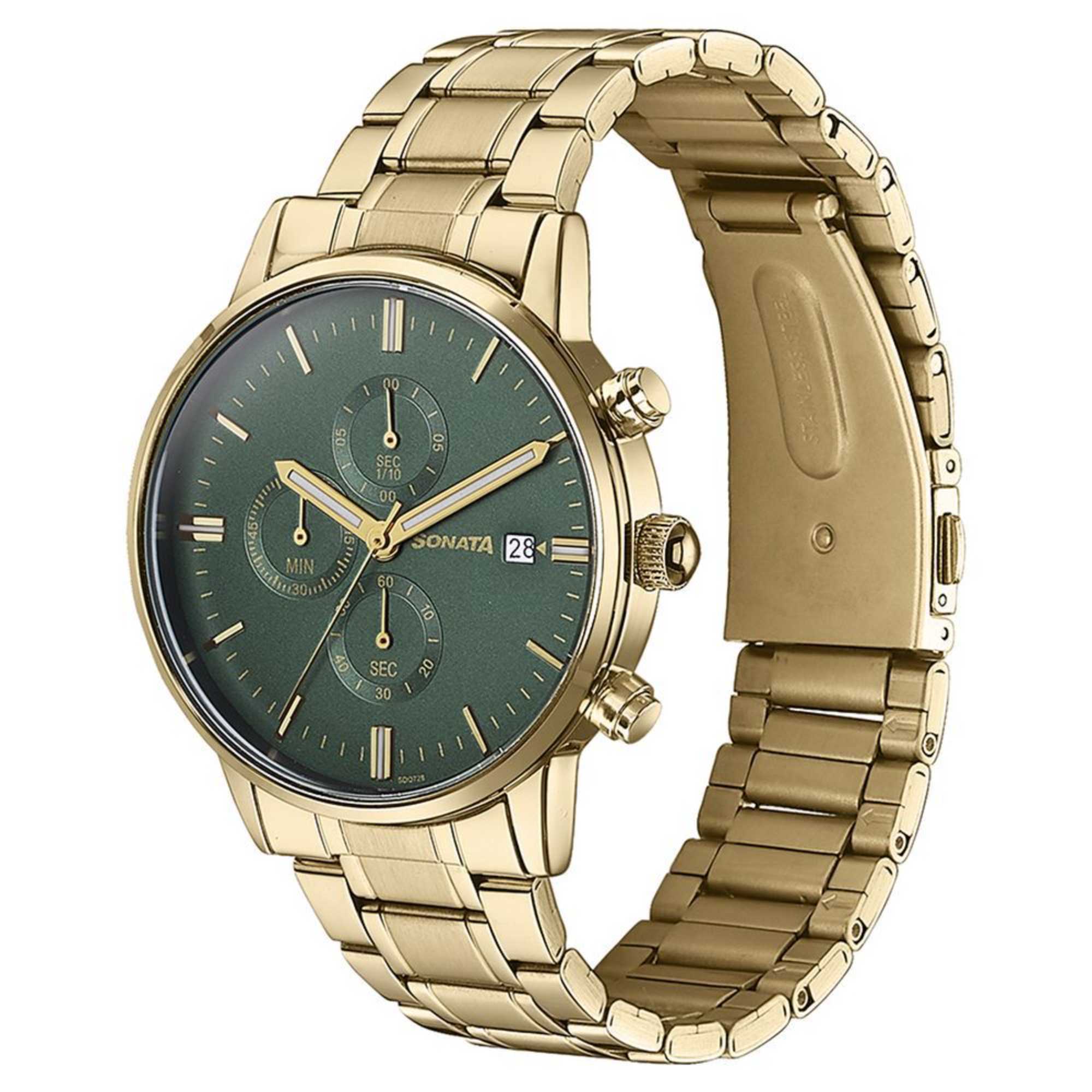 Sota Quartz Multifunction Green Dial Golden Stainless Steel Strap Watch For Men (77145YM01)