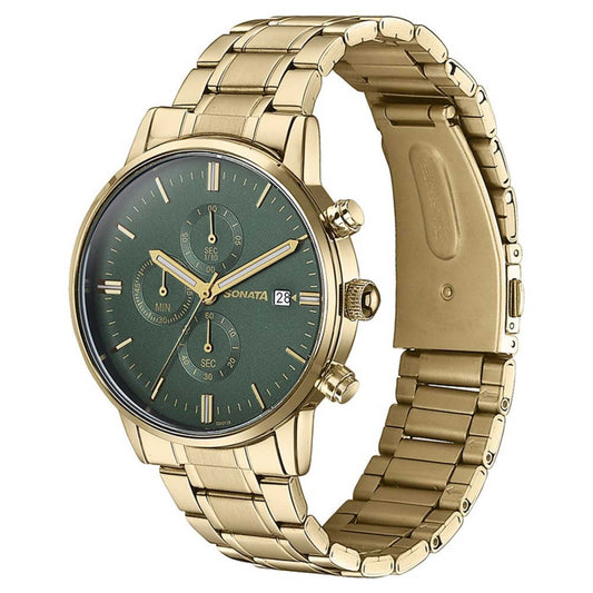 Sota Quartz Multifunction Green Dial Golden Stainless Steel Strap Watch For Men (77145YM01)