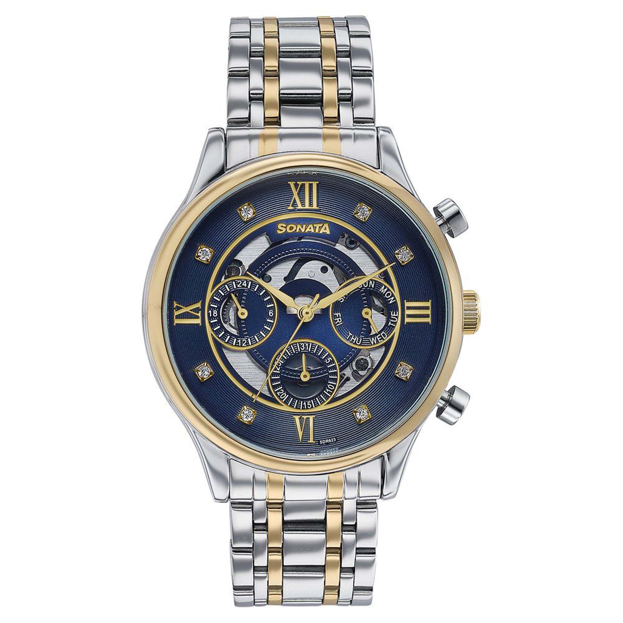 Sonata Blue Dial Two Toned Stainless Steel Strap Multifunction Watch for Men