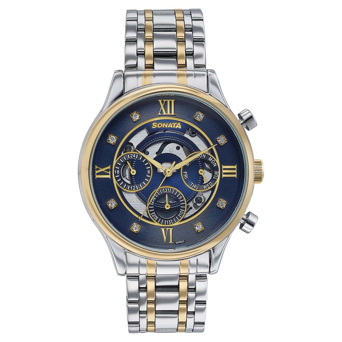 Sonata Blue Dial Two Toned Stainless Steel Strap Multifunction Watch for Men