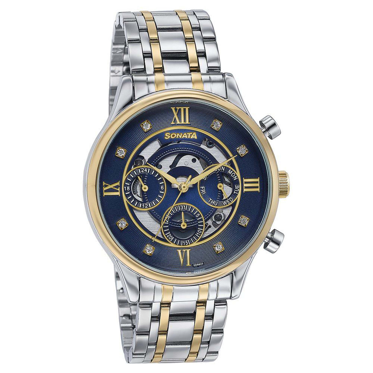 Sonata Blue Dial Two Toned Stainless Steel Strap Multifunction Watch for Men
