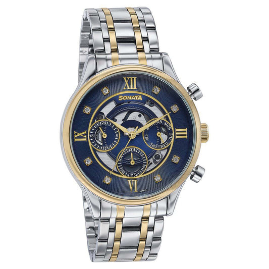 Sonata Blue Dial Two Toned Stainless Steel Strap Multifunction Watch for Men