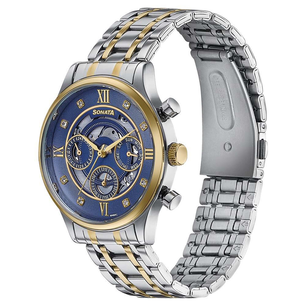 Sonata Blue Dial Two Toned Stainless Steel Strap Multifunction Watch for Men
