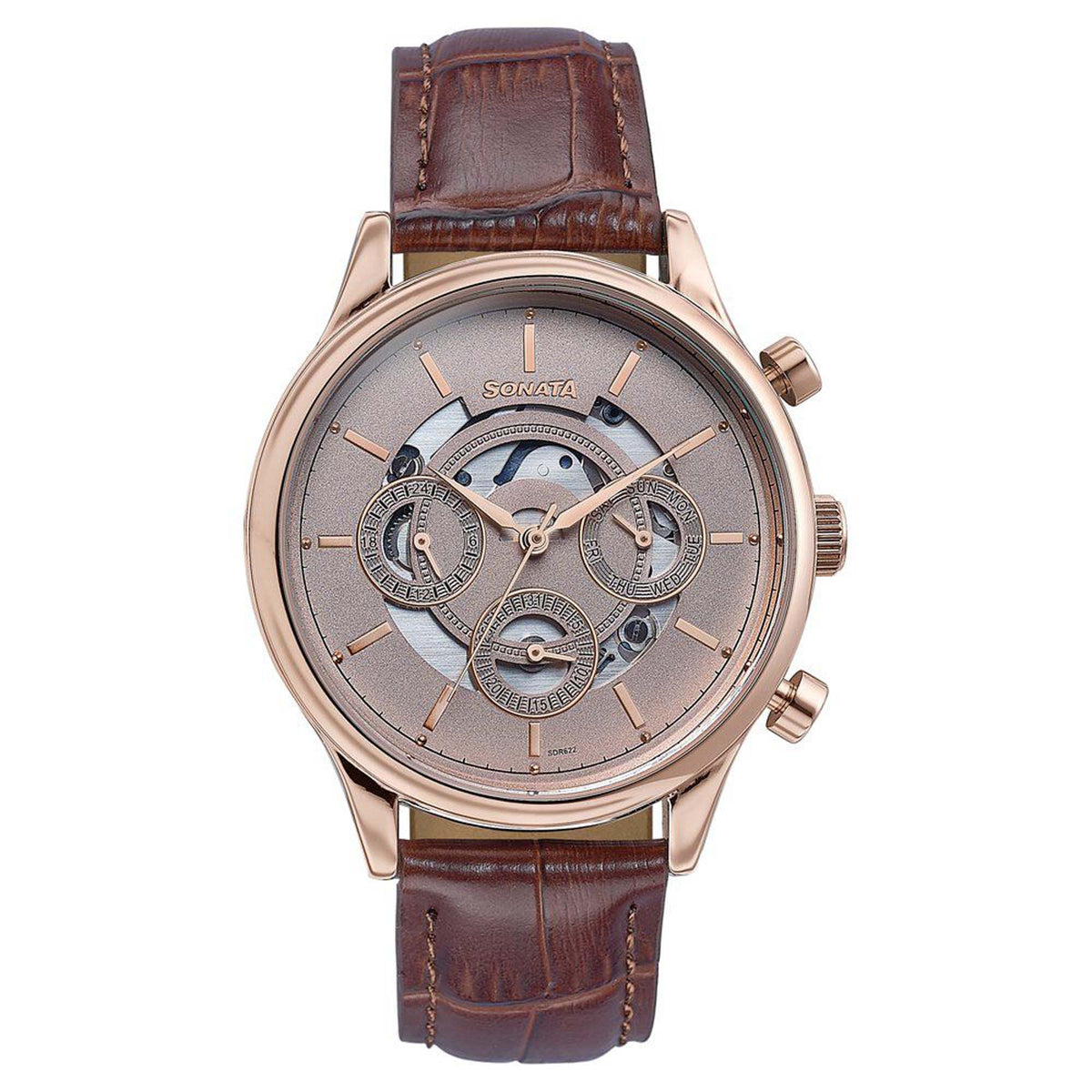 Sonata Pink Dial Brown Leather Strap Multifunction Watch for Men