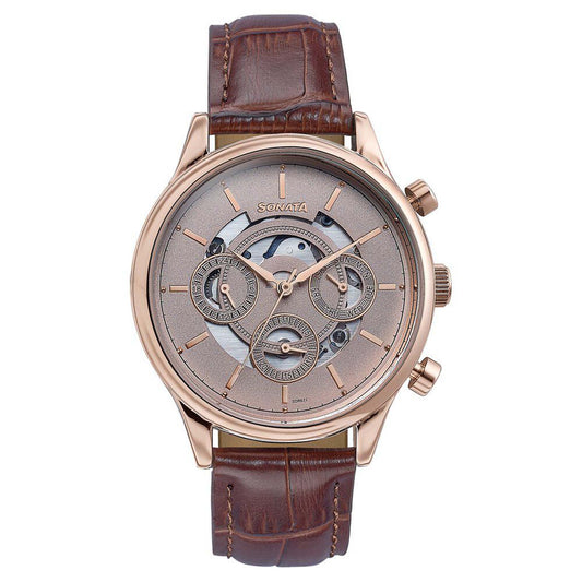Sonata Pink Dial Brown Leather Strap Multifunction Watch for Men
