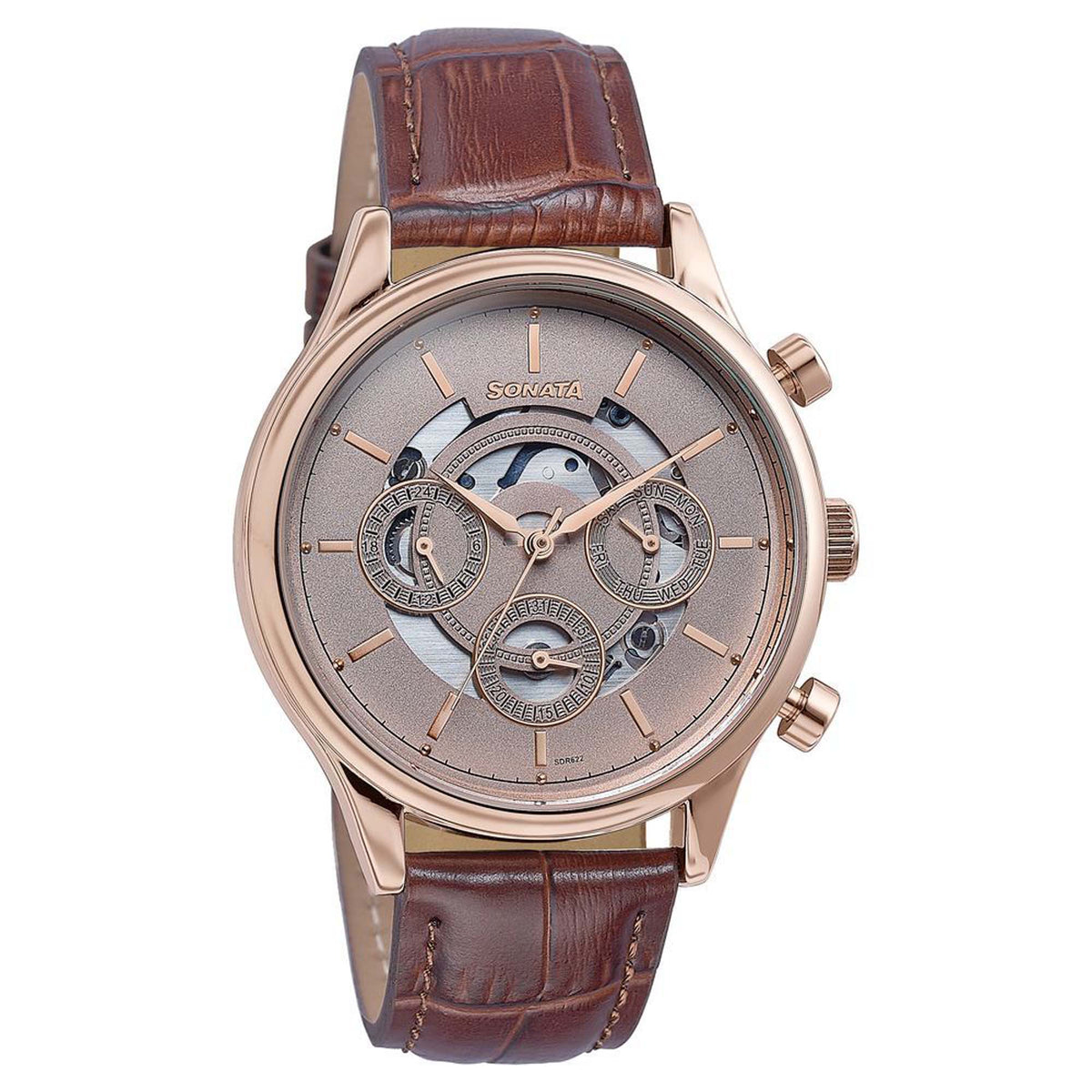 Sonata Pink Dial Brown Leather Strap Multifunction Watch for Men