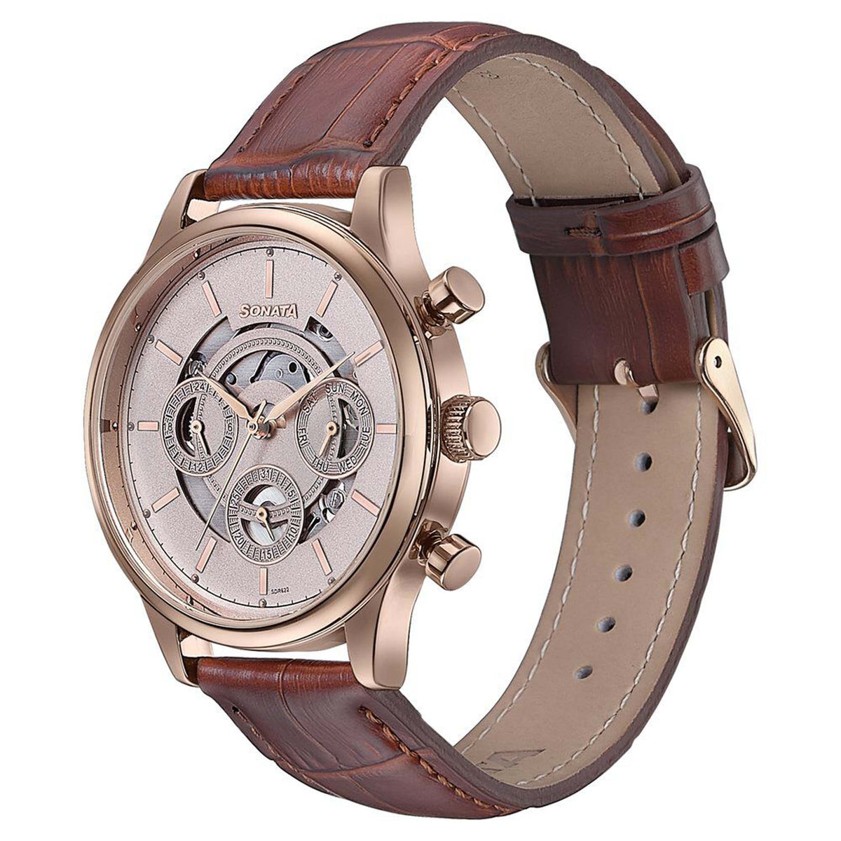 Sonata Pink Dial Brown Leather Strap Multifunction Watch for Men