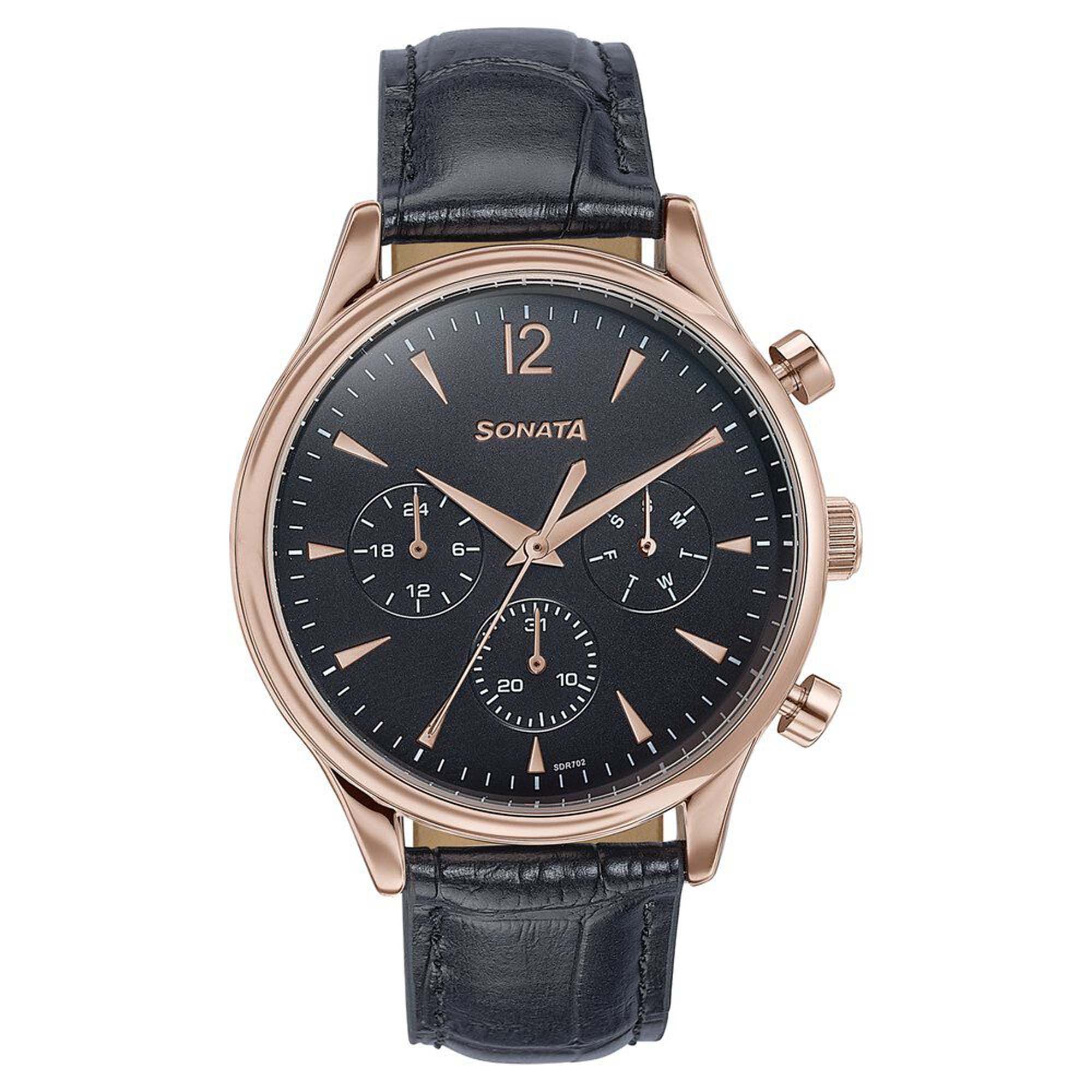 Sonata Black Dial Leather Strap Multifunction Watch for Men