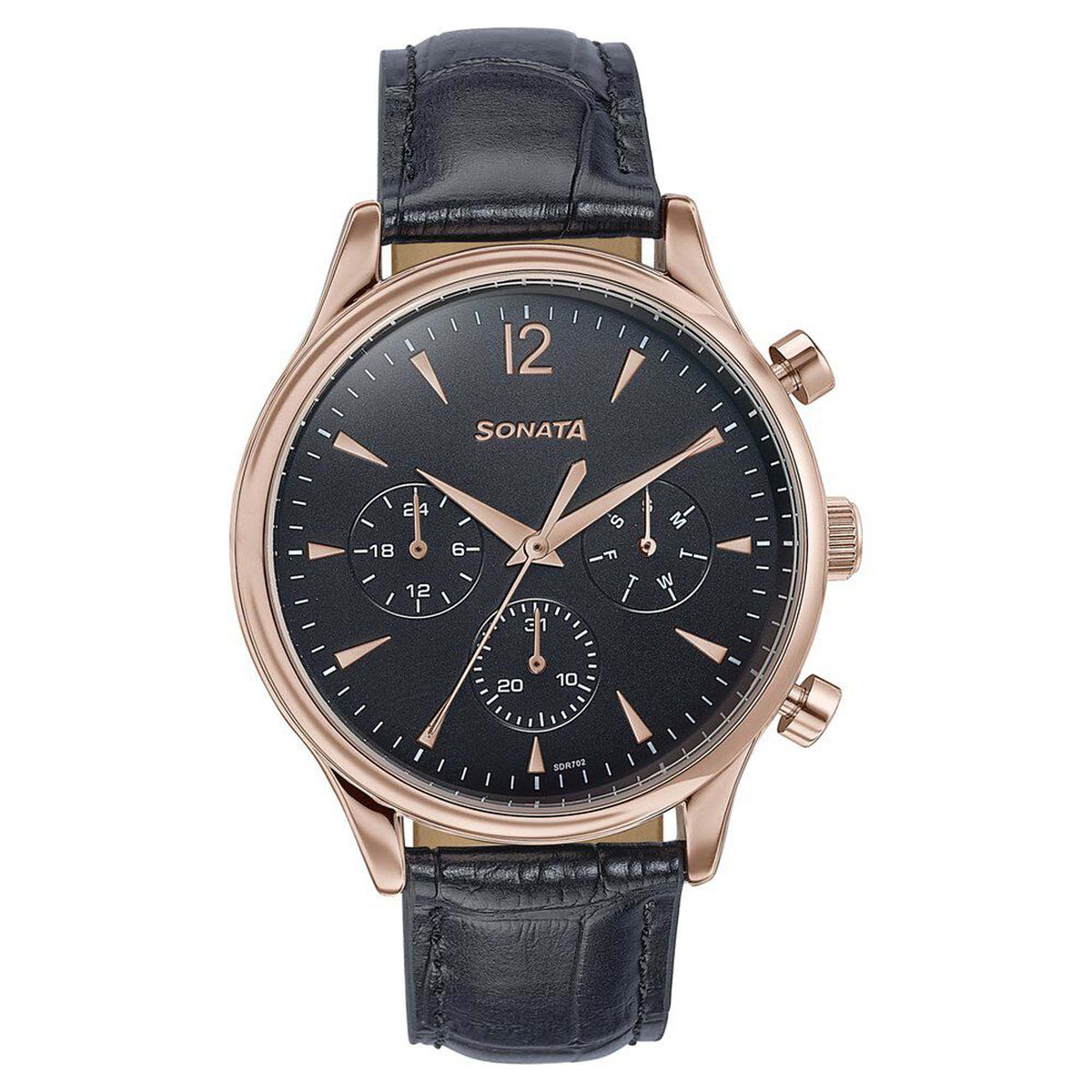 Sonata Black Dial Leather Strap Multifunction Watch for Men
