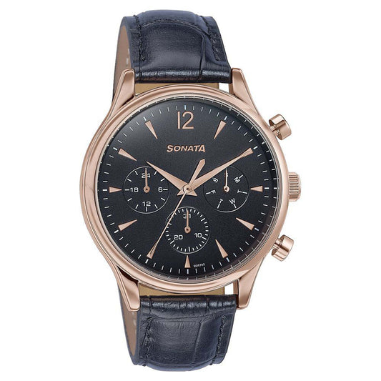 Sonata Black Dial Leather Strap Multifunction Watch for Men