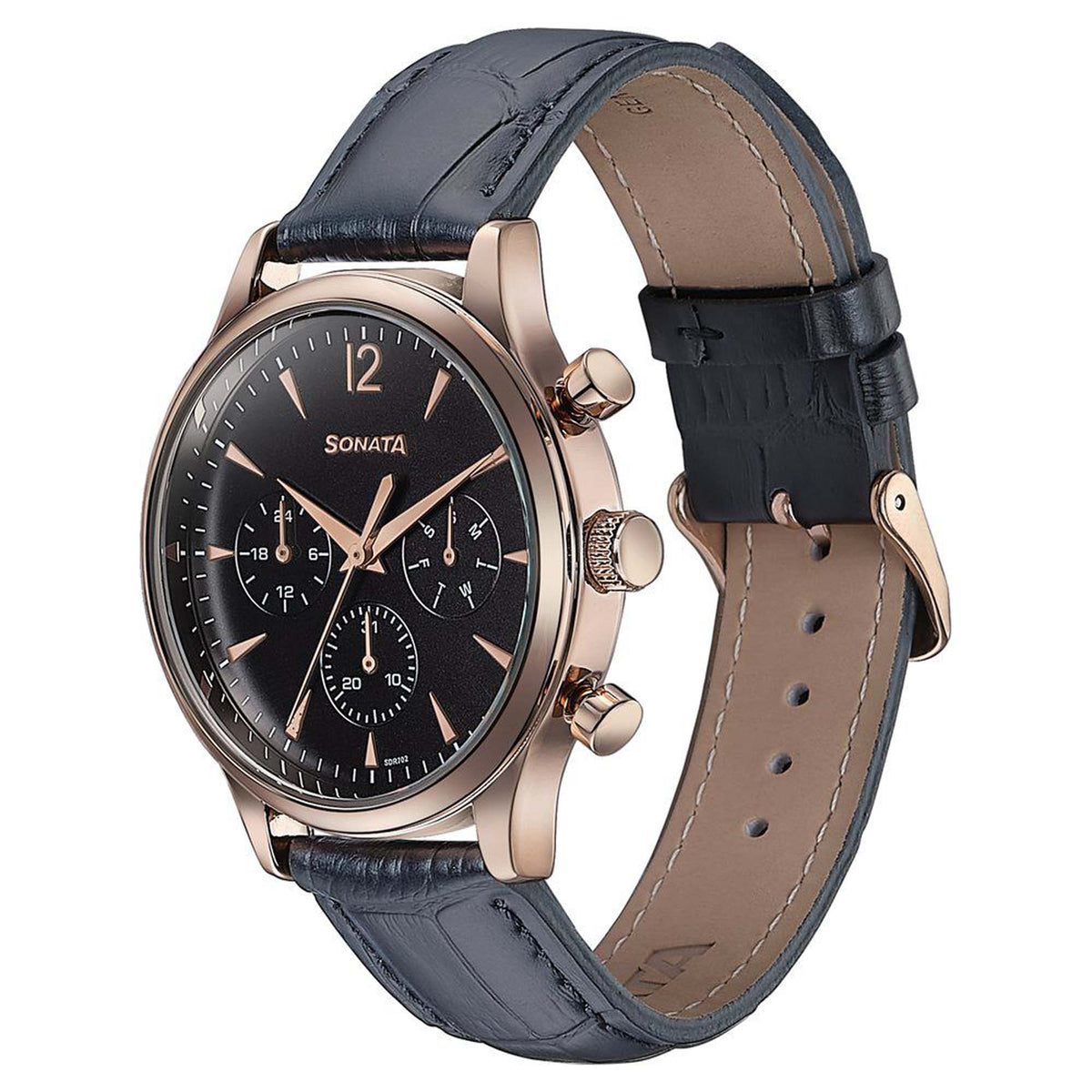 Sonata Black Dial Leather Strap Multifunction Watch for Men