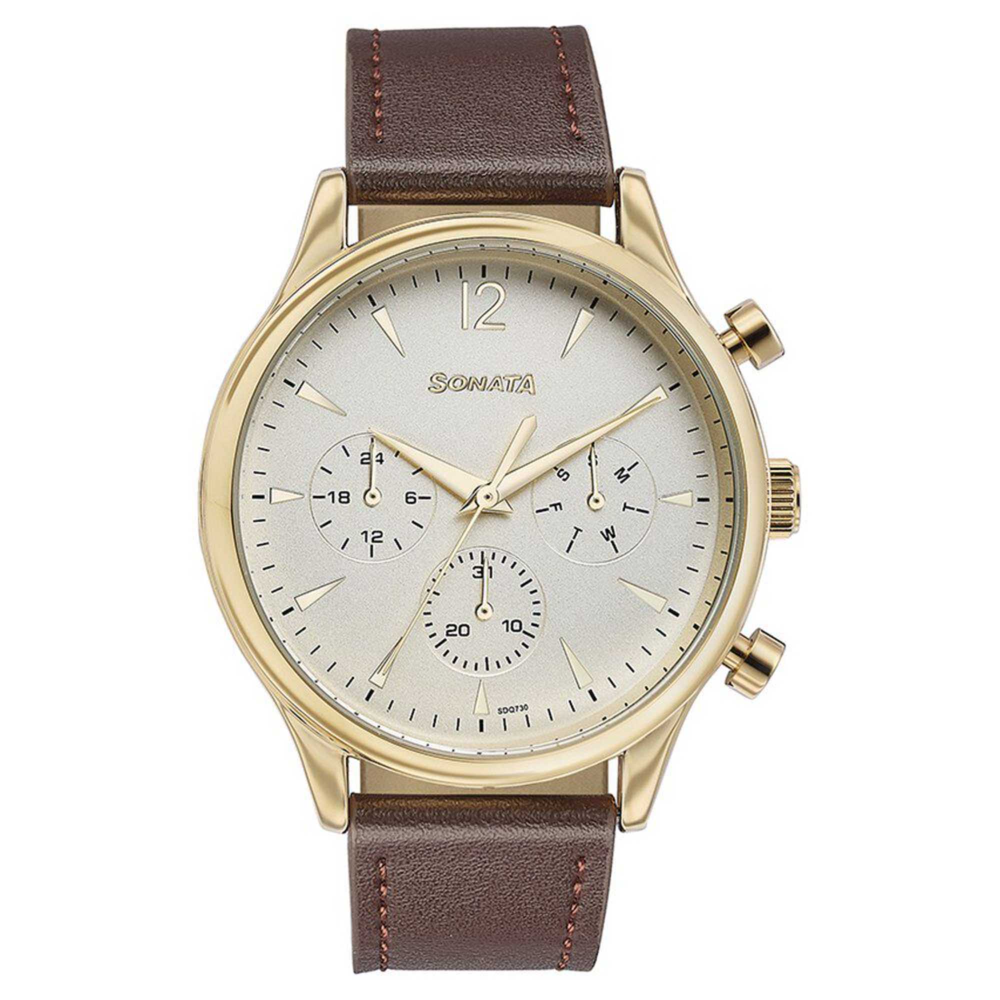 Sonata White Dial Brown Leather Strap Multifunction Watch for Men