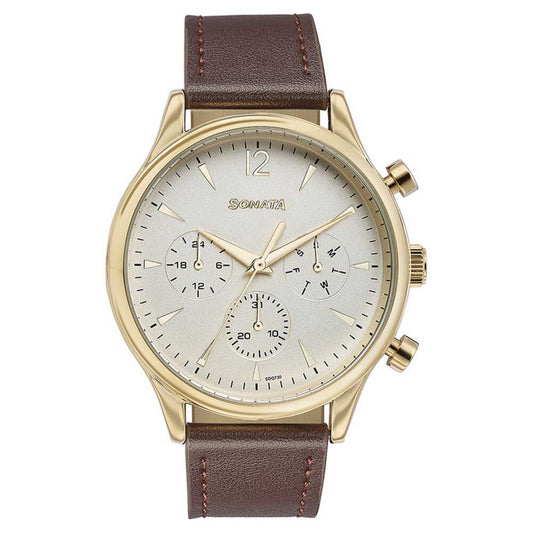 Sonata White Dial Brown Leather Strap Multifunction Watch for Men