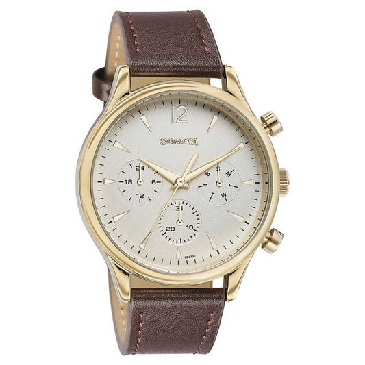 Sonata White Dial Brown Leather Strap Multifunction Watch for Men