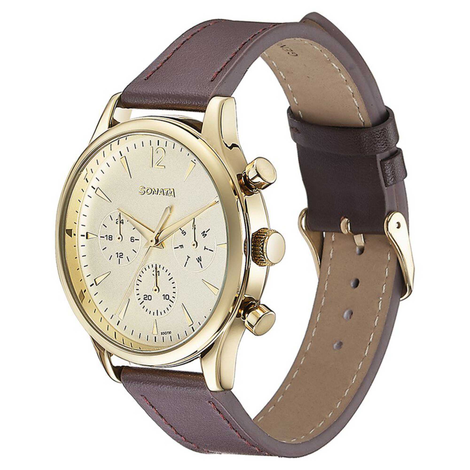 Sonata White Dial Brown Leather Strap Multifunction Watch for Men
