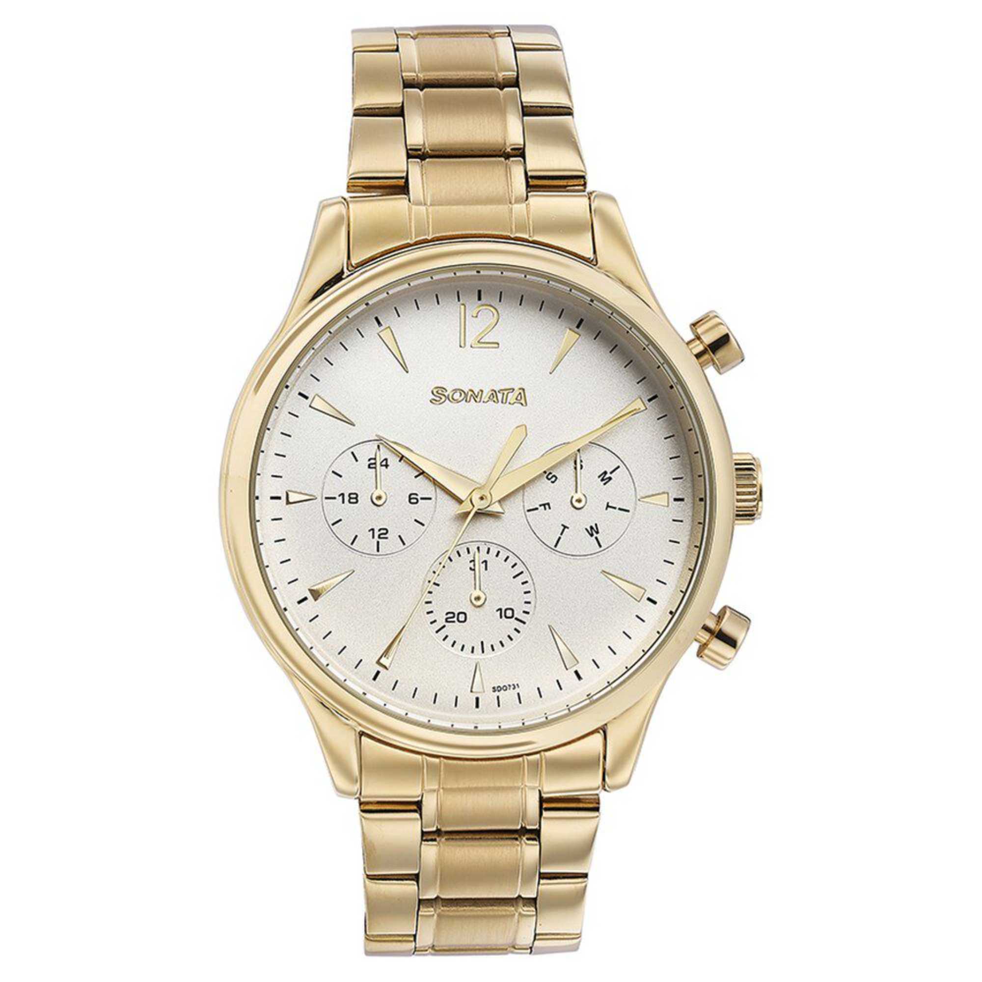 Sonata White Dial Gold Metal Strap Multifunction Watch for Men