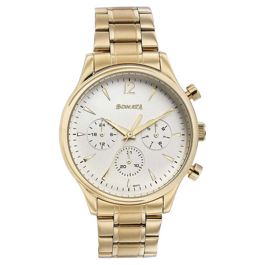 Sonata White Dial Gold Metal Strap Multifunction Watch for Men