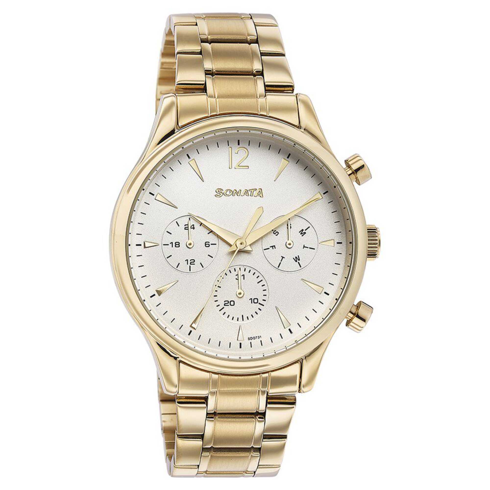 Sonata White Dial Gold Metal Strap Multifunction Watch for Men