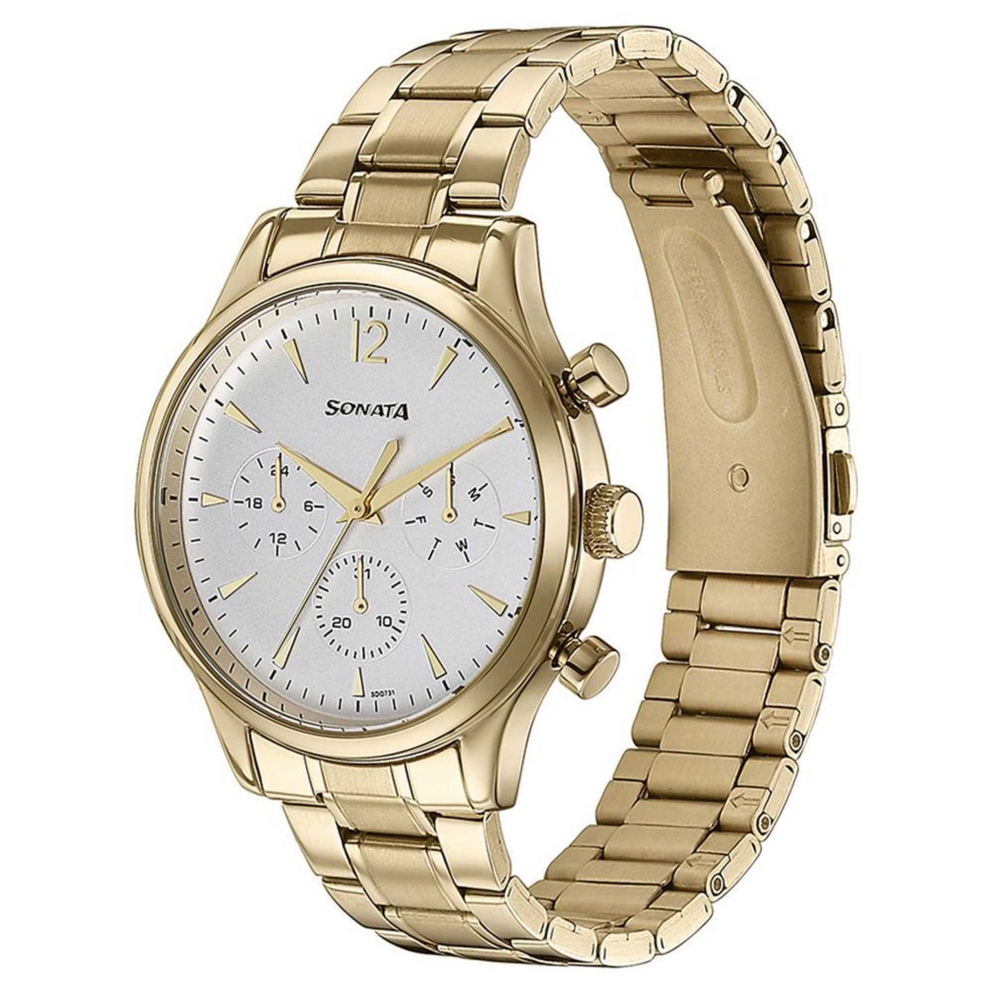 Sonata White Dial Gold Metal Strap Multifunction Watch for Men