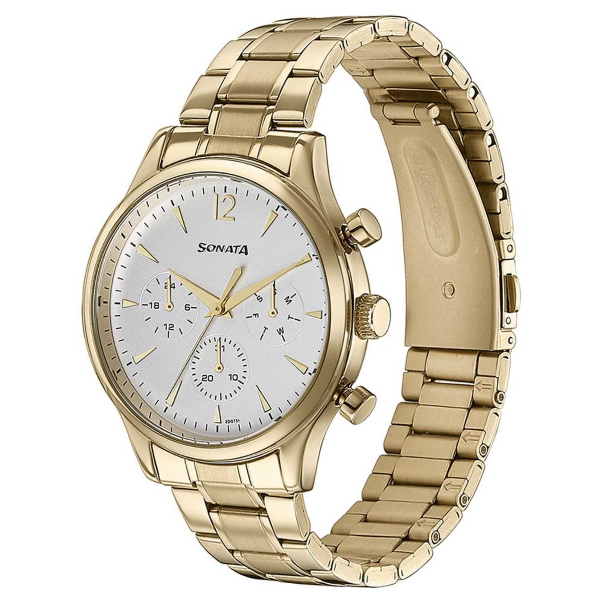 Sonata White Dial Gold Metal Strap Multifunction Watch for Men