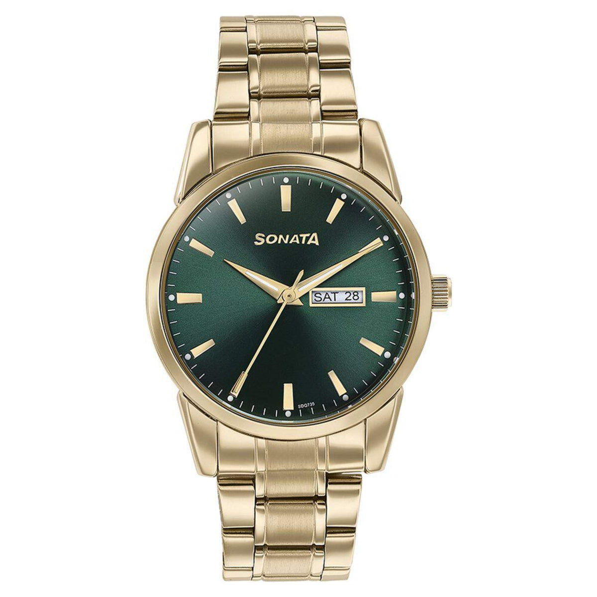 Sonata Green Dial Gold Stainless Steel Strap Analog with Date and Day Watch for Men