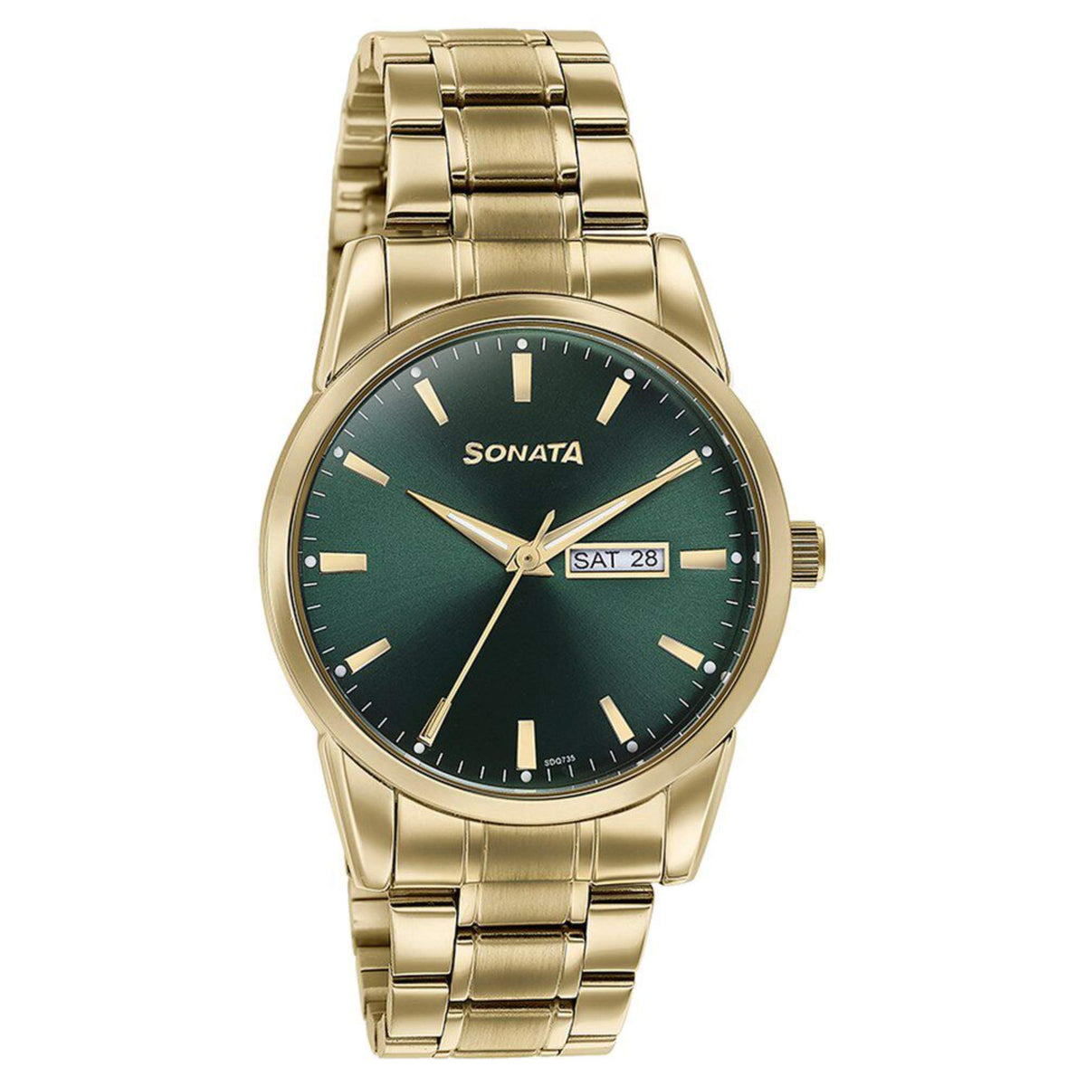 Sonata Green Dial Gold Stainless Steel Strap Analog with Date and Day Watch for Men