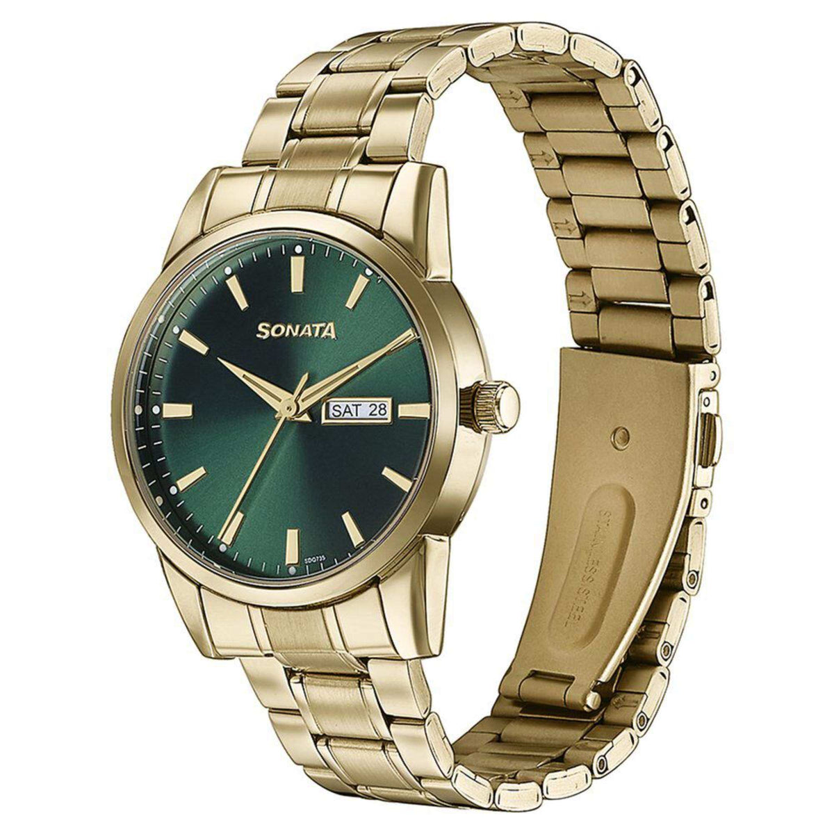 Sonata Green Dial Gold Stainless Steel Strap Analog with Date and Day Watch for Men
