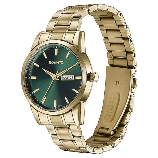 Sonata Green Dial Gold Stainless Steel Strap Analog with Date and Day Watch for Men