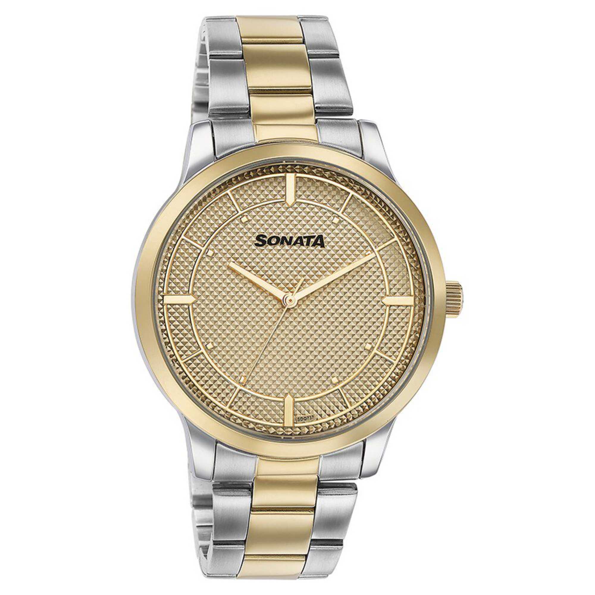 Sota Quartz Alog Golden Dial Two Toned Stainless Steel Strap Watch For Men (77148BM01)