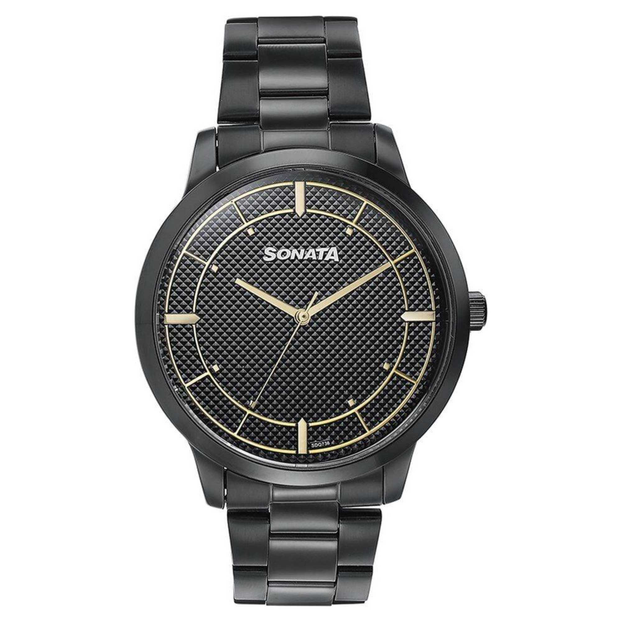 Sonata Black Dial Stainless Steel Strap Analog Watch for Men