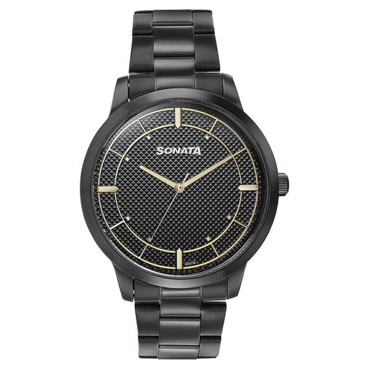Sonata Black Dial Stainless Steel Strap Analog Watch for Men