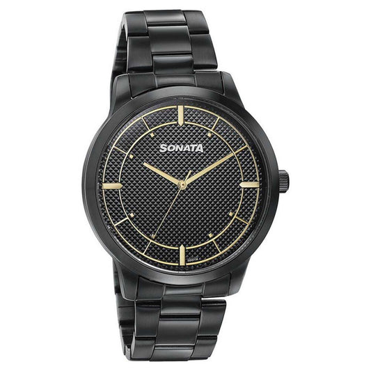 Sonata Black Dial Stainless Steel Strap Analog Watch for Men