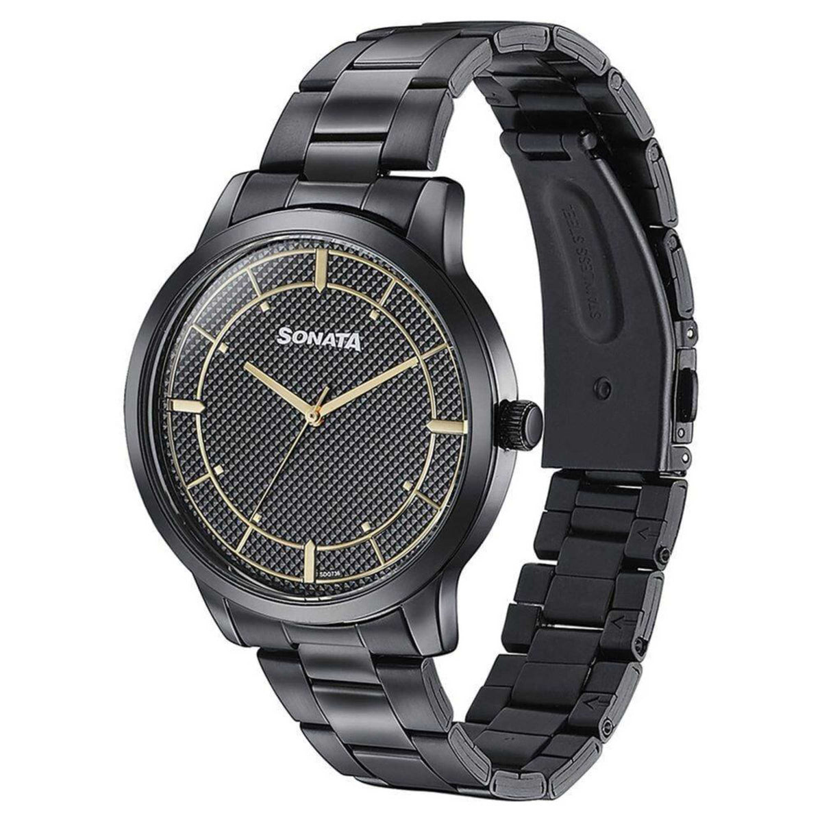 Sonata Black Dial Stainless Steel Strap Analog Watch for Men