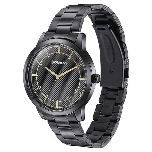 Sonata Black Dial Stainless Steel Strap Analog Watch for Men