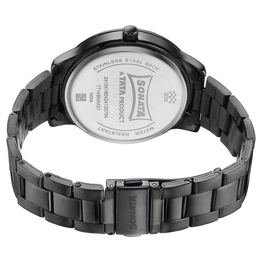 Sonata Black Dial Stainless Steel Strap Analog Watch for Men