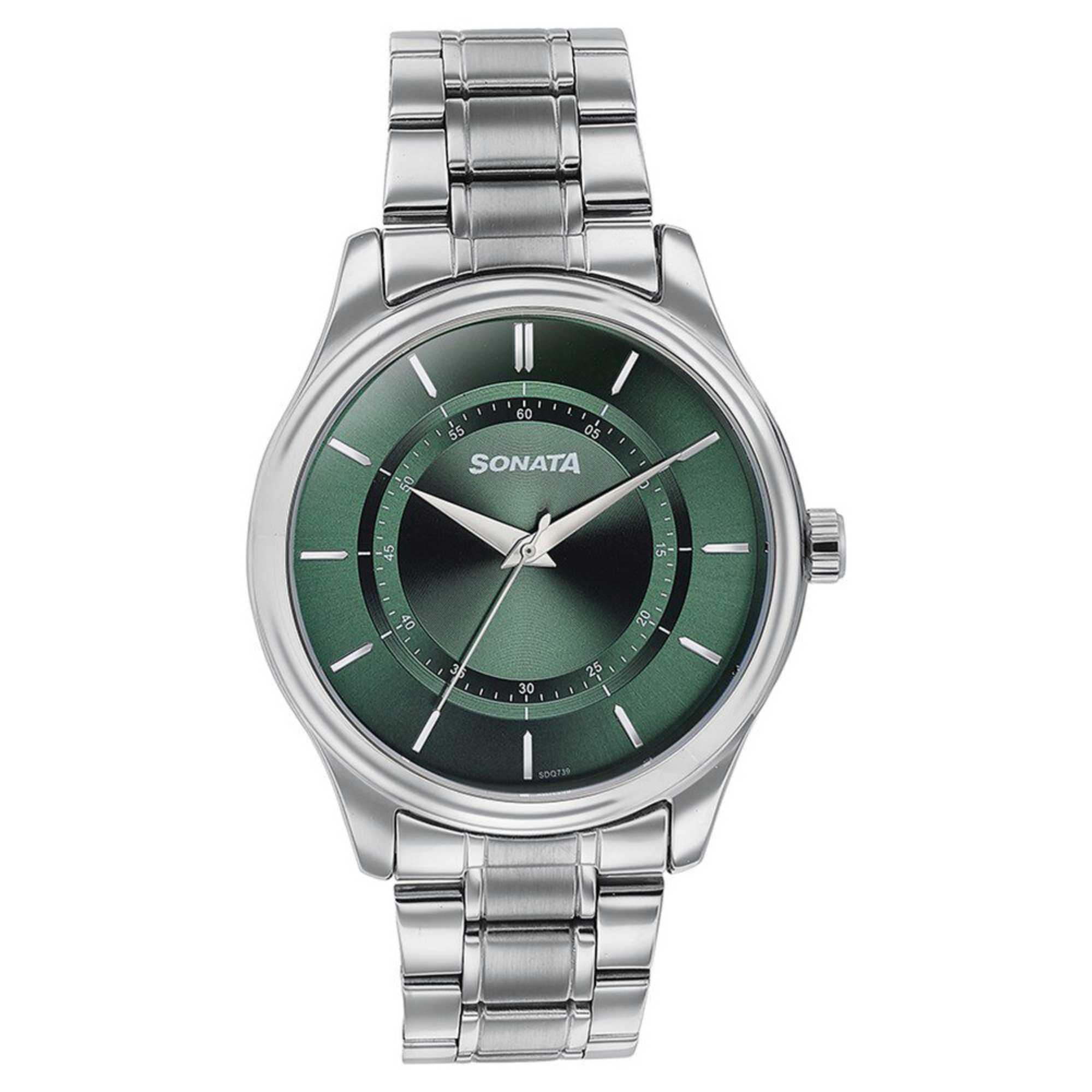 Sota Quartz Alog Green Dial Silver Stainless Steel Strap Watch For Men (77149SM02)