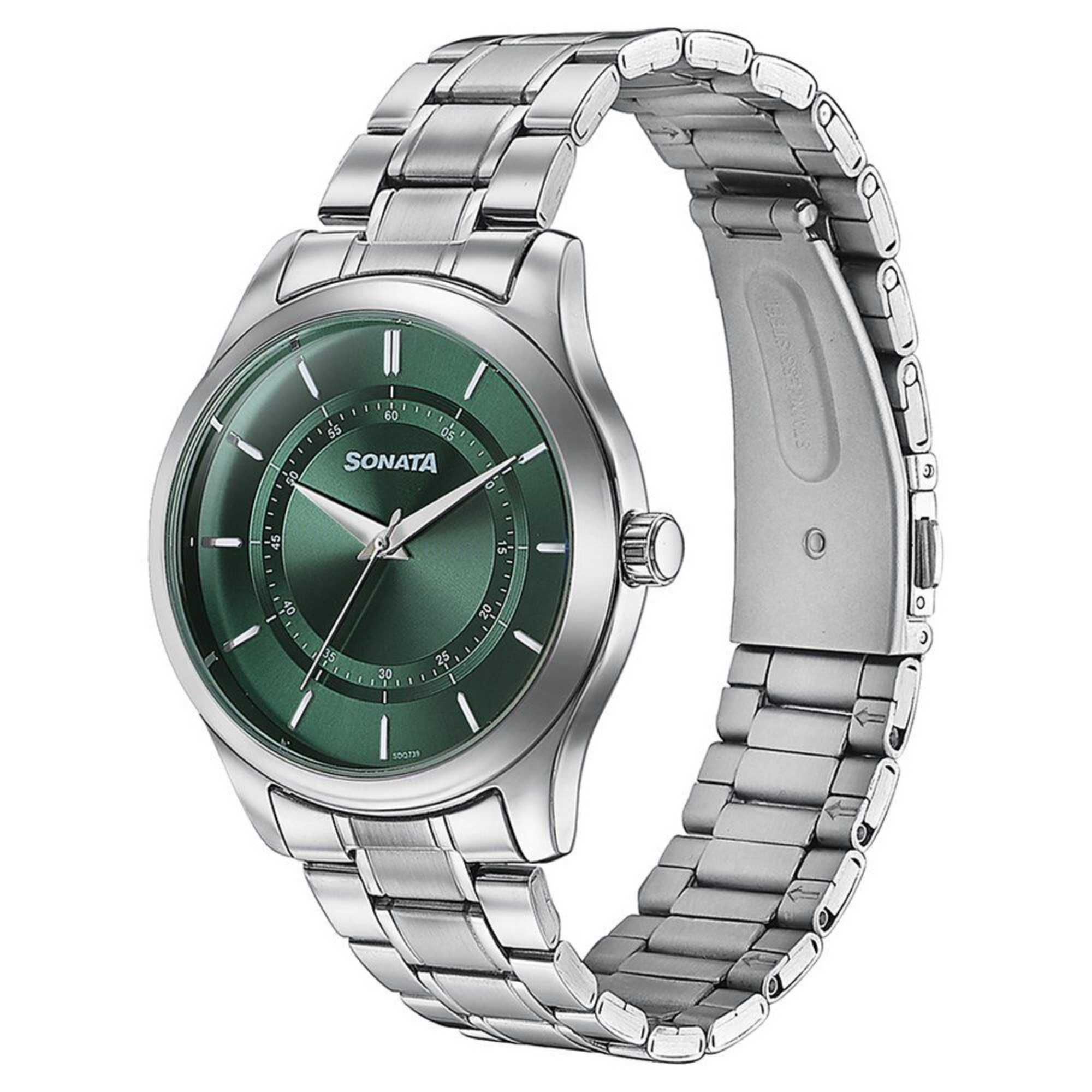 Sota Quartz Alog Green Dial Silver Stainless Steel Strap Watch For Men (77149SM02)